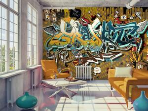 Fototapeta Cool! - mural s barevnými nápisy a kresbami ve stylu street art