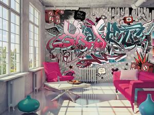Fototapeta Hej ty! - mural s nápisy a kresbami v odstínech růžové a tyrkysové