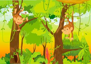 Fototapeta Pohádkový svět - džungle s opicemi na liánách mezi stromy pro děti