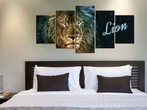 Obraz Zlatý lev (5-dílný) - abstrakce se zvířetem a modrým nápisem