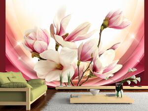 Fototapeta Růžová magnólie v záři - rostlinná kompozice s květy a vzorem