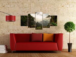 Obraz Vláda hor (5-dílný) - sluneční lesní krajina s výhledem na hory