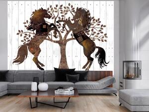 Fototapeta Abstraktní koně - strom se zvířaty na bílém dřevěném pozadí