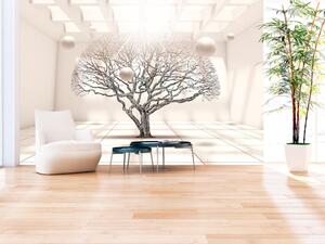 Fototapeta Geometrická krajina - strom bez listí v béžovém prostoru s koulemi
