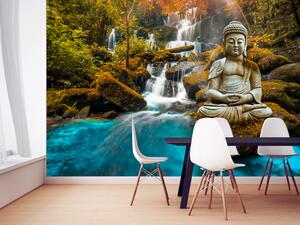 Fototapeta Orient - krajina s sochou Buddy na pozadí vodopádu a exotického lesa