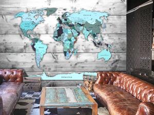 Fototapeta Svět v modrém - mapa světa v modrých tónech na dřevě