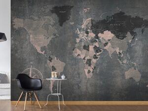 Fototapeta Šedý svět - mapa kontinentů na nejednotném pozadí s kompasem v rohu