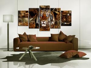 Obraz Exotická planeta (5-dílný) - zlatá abstrakce s motivem tygra