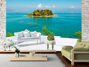 Fototapeta Odpočinek - terasa s výhledem na tyrkysové moře a osamělý ostrov