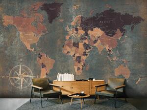 Fototapeta Svět v zeleni - mapa kontinentů na nejednotném pozadí s kompasem