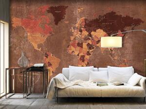 Fototapeta Svět v hnědé - mapa kontinentů na nejednotném pozadí s kompasem
