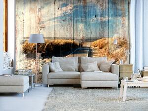 Fototapeta Letní krajina - jemný motiv pláže a moře na pozadí s texturou dřeva