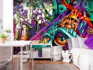 Fototapeta Street art - barevné graffiti v odstínech fialové s postavou skřítka