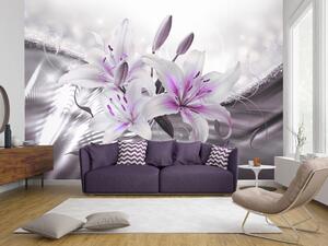 Fototapeta Krása lilie - bílé květiny v fialovém pozadí s efektem záře