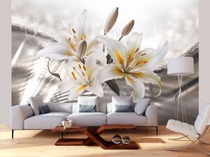 Fototapeta Krása lilie - bílé květiny na stříbrném pozadí s efektem záře