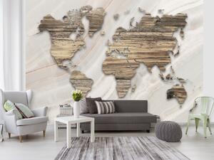 Fototapeta Mramorová mapa - obrys kontinentů s texturou dřeva na bílém pozadí