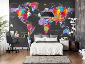 Fototapeta Mapa světa - barevné kontinenty s názvy anglicky na šedém pozadí
