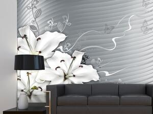 Fototapeta Dálka - bílé lilie na fantazijním pozadí s šedými motýly a pruhy