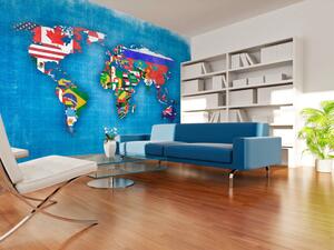 Fototapeta Mapa světa - motiv kontinentů v barvách vlajek na modrém pozadí