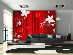 Fototapeta Abstrakce v červené - motiv bílých květin s vzory a zářením