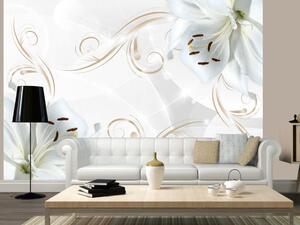 Fototapeta Bílé lilie - motiv květin na jemném pozadí se zlatými ornamenty
