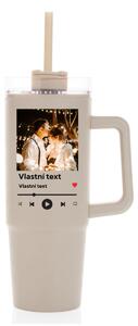Personalizovaná cestovní termoska s průhledným víčkem s motivem přehrávače