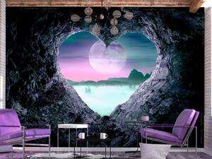 Fototapeta Jeskyně - horská krajina s motivem měsíce a srdce v zeleném odstínu