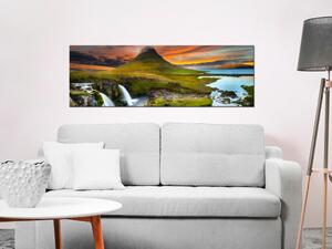 Obraz Krása Islandu (1-dílný) - hory a vodopády na pozadí západu slunce