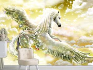 Fototapeta Pegas - magický motiv létajícího koně mezi oblaky v žlutých vzorech