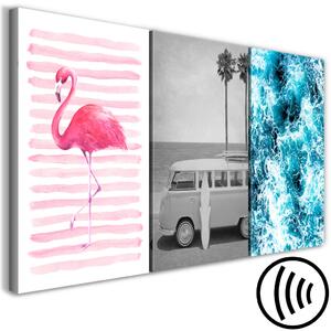 Obraz Symboly Miami - plameňák, staré auto - dodávka, surfovací prkno a oceán