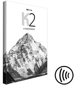 Obraz Karakorum (1-dílný) - černobílá krajina hory K2 v zimě s nápisy