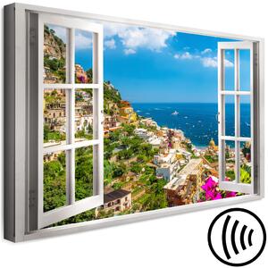 Obraz Italské moře (1-dílný) - okno s výhledem na architekturu města