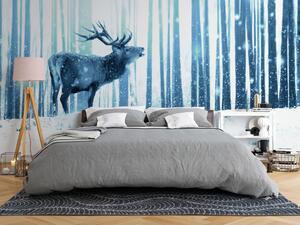 Fototapeta Zimní zvířata - motiv jelena na pozadí lesa v odstínech modré