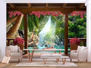 Fototapeta Tropický výhled - krajina s tyrkysovou vodou, palmami a květy