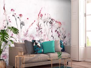 Fototapeta Akvarelová louka - jemné rostliny v odstínech růžové na světlém pozadí