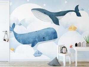 Fototapeta Velryby plující v oblacích - barevná ilustrace s rybami a loděmi