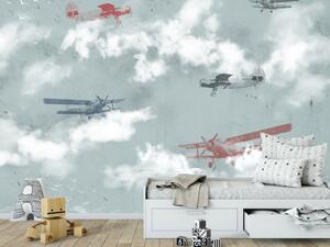 Fototapeta Sen malého pilota - letadla na obloze s mraky a ptáky pro děti