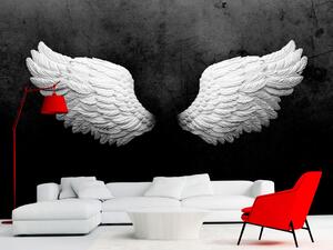 Fototapeta Bílá pírka - černo-bílá abstrakce se skvostnými křídly anděla a vzorem