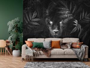 Fototapeta Skrývající se černý panter - zvířecí motiv s prvky džungle