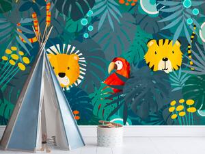 Fototapeta Džungle - motiv zvířat na pozadí s modrými listy a červeným papouškem