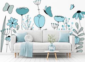 Fototapeta Kreslená louka - grafické lineární modré květy, listy a motýli
