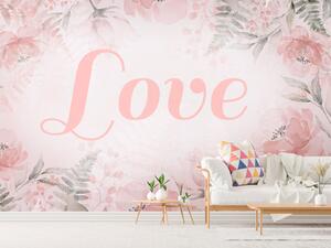 Fototapeta Love - romantický nápis na růžovém pozadí mezi listy