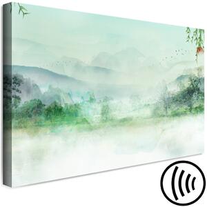 Obraz Mlžná země - akvarelová grafika horské země v zelených barvách