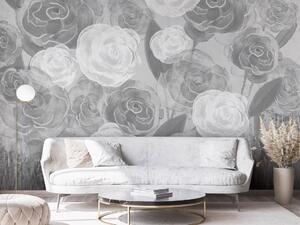 Fototapeta Husté květy - malovaný rostlinný motiv růže v odstínech šedi
