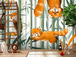 Fototapeta Veselé červené pandy - zvířata mezi bambusy a listy pro děti