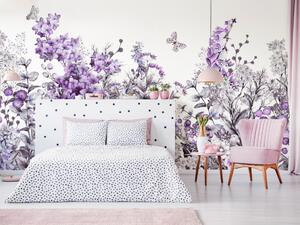 Fototapeta Hustá louka - grafické květiny s fialovým vzorem a bílým nebem