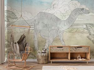 Fototapeta Dinosauři pro děti - Diplodok a Stegozaur na pozadí sopky v noci