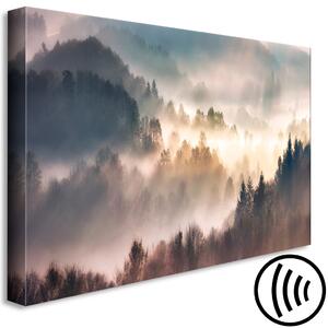 Obraz Les v mlze - horská krajina s východem slunce mezi stromy
