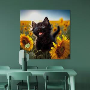 Obraz AI Kočka - černé zvíře skotačící na poli slunečnic ve sluneční záři - čtvercový tvar