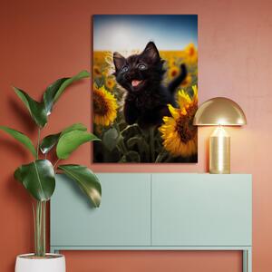 Obraz AI Kočka - černé zvíře skotačící na poli slunečnic ve sluneční záři - vertikálně
